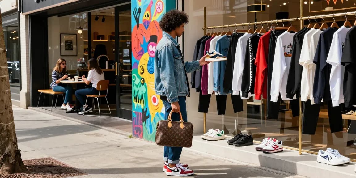 Browsing high-quality 레플리카 fashion in trendy urban boutique.
