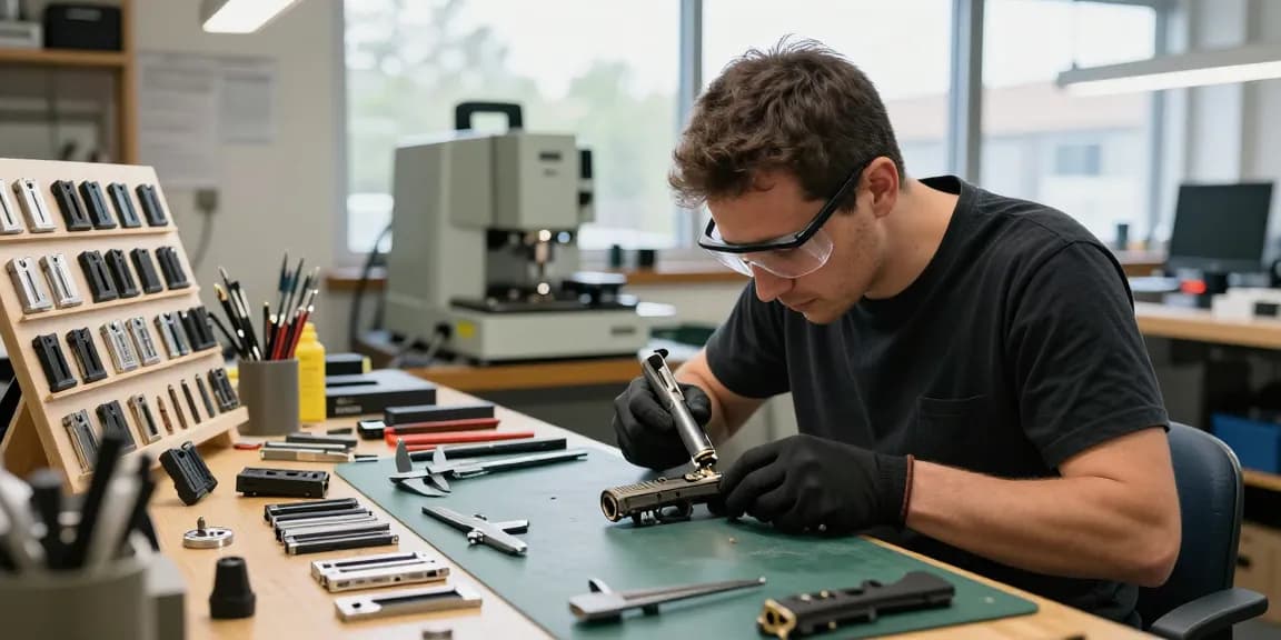 Precision Glock slides assembly at https://precisionglockslides.com workshop with skilled technician.