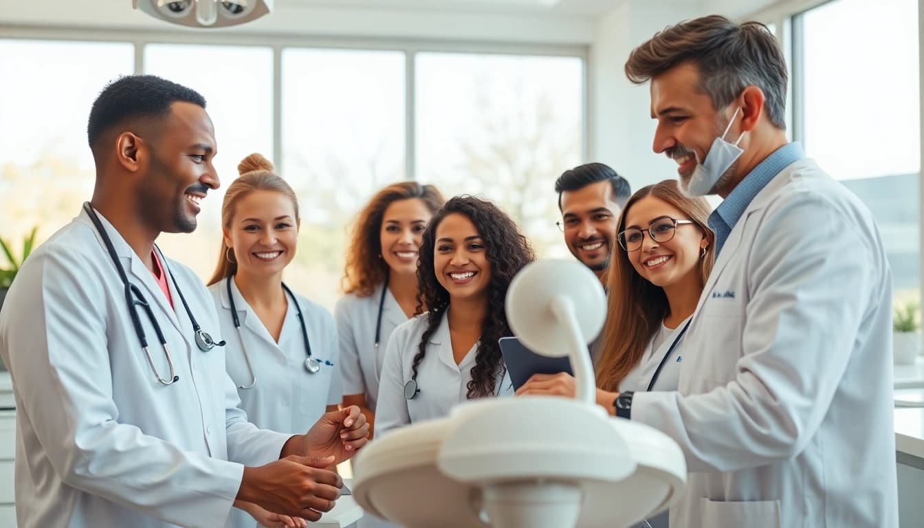 Engaging dental care scene with professionals representing newsmilelife and showcasing teamwork in a modern clinic.