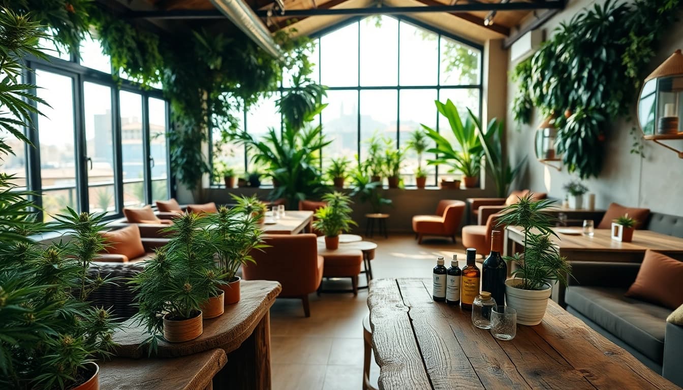 Join the Lloret de Mar Cannabis Club, featuring a cozy lounge and lush greenery.