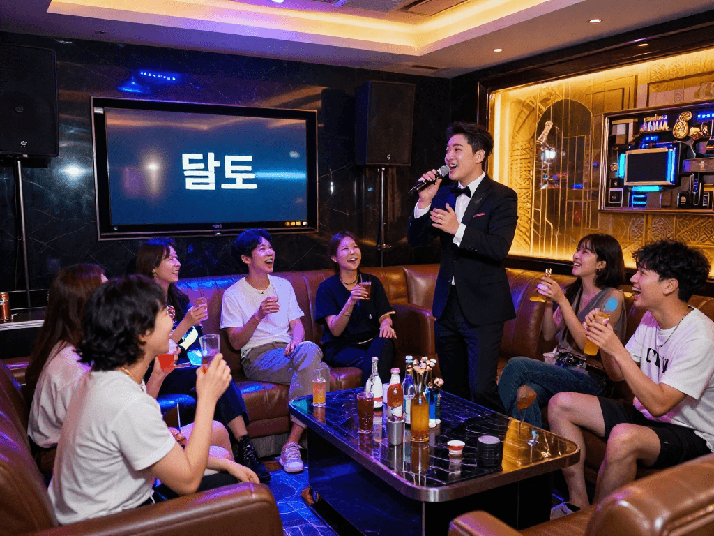 강남 달토 가라오케에서 손님들이 즐거운 시간을 보내는 모습과 화려한 조명
