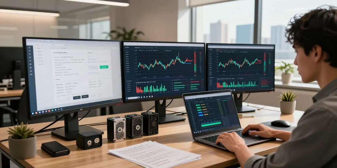 Cloud mining provider analysis in a professional cryptocurrency office, showcasing advanced mining strategies and digital wallet management.