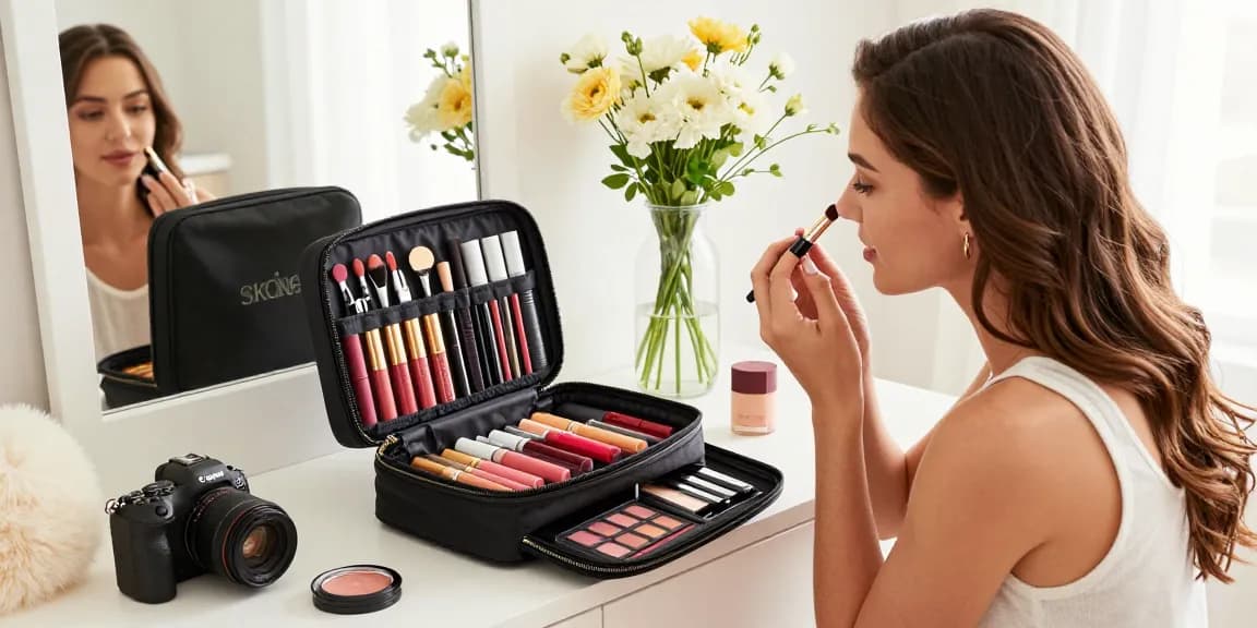Stylish woman using Skone Cosmetics signature makeup bag for a flawless makeup application.