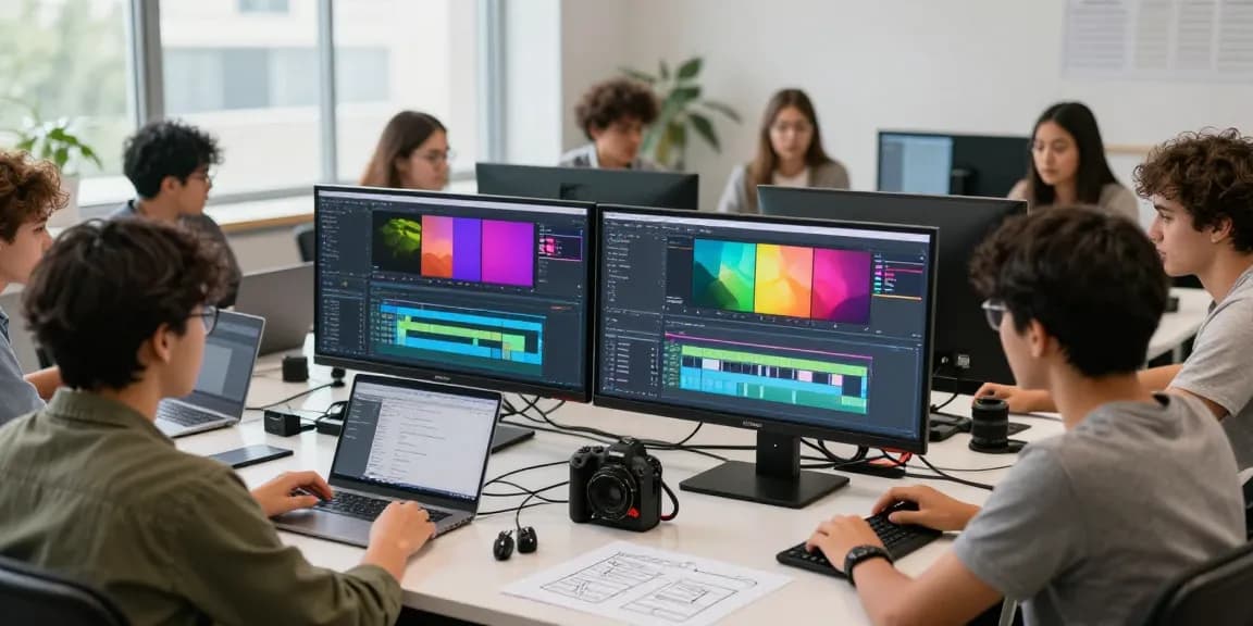 Hands-on workshop for the best video editing course for beginners with students using Adobe Premiere Pro.