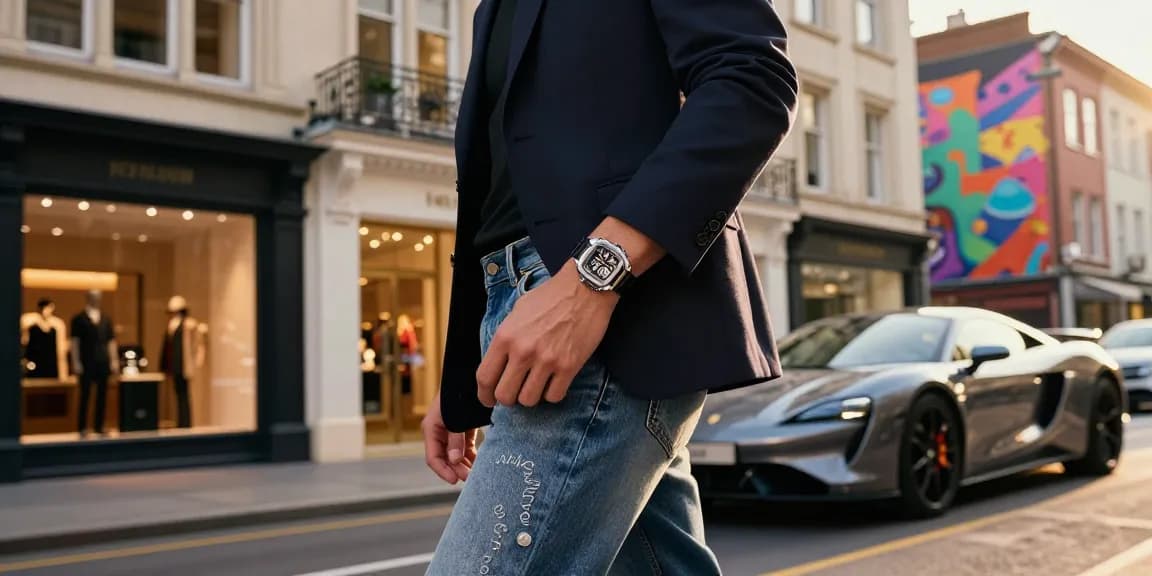Fashionable individual flaunting a super clone watch in a stylish urban setting, showcasing elegance and luxury.