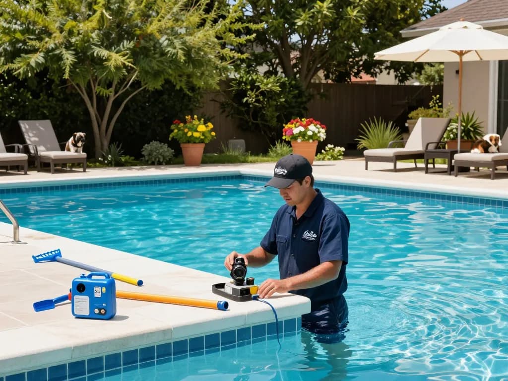 Dolphin Pool Services technician performing maintenance on a sparkling pool under the sun