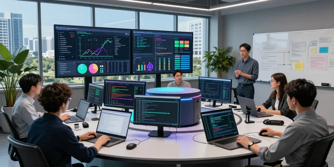 AI detector specialists analyzing content moderation data in a high-tech control room.