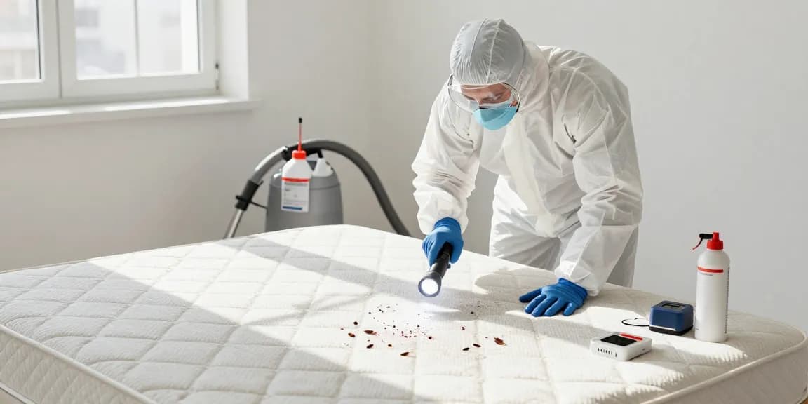 Professional inspecting mattress for bed bug control in a residential bedroom.