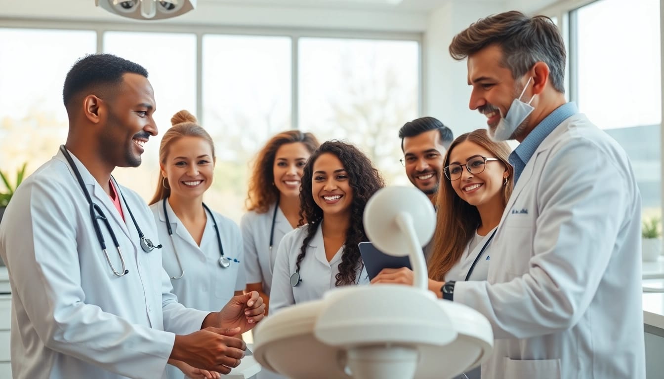 Engaging dental care scene with professionals representing newsmilelife and showcasing teamwork in a modern clinic.