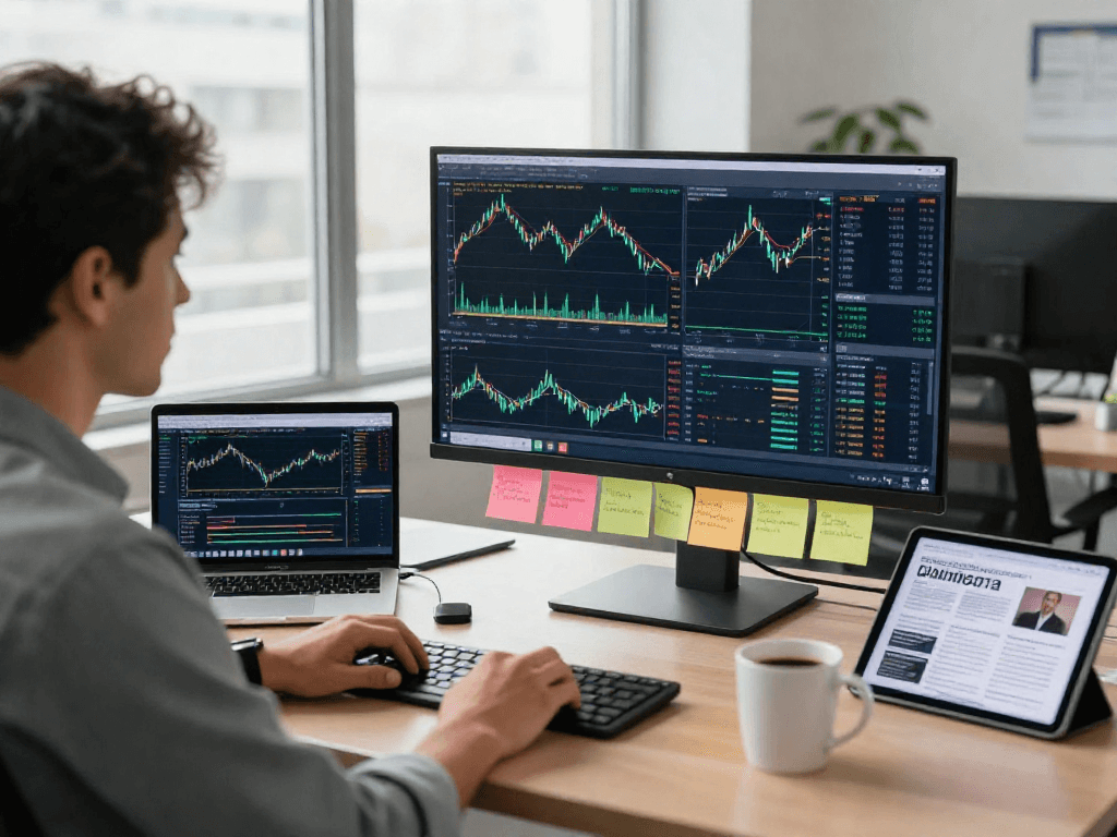 MetaTrader 5 trading workspace with financial charts and data analysis