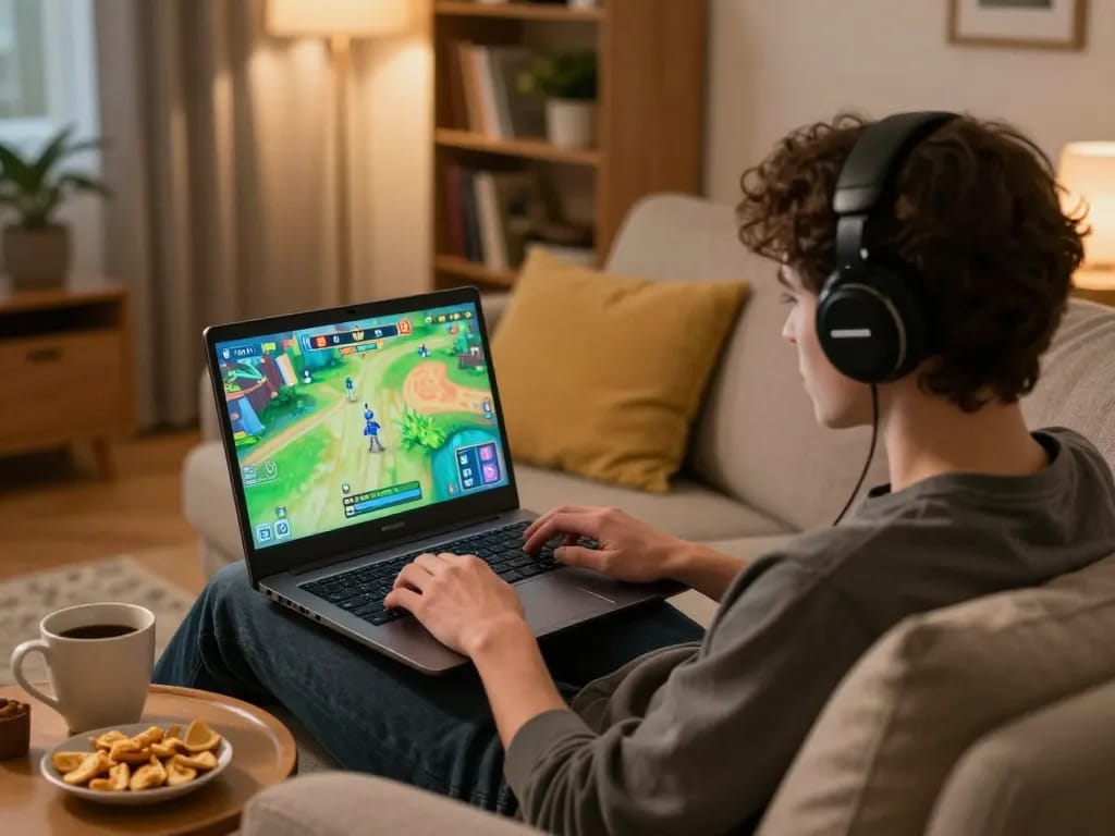 Engaging in a mini-game on a laptop at home, showcasing cozy gaming atmosphere and strategic mindset.