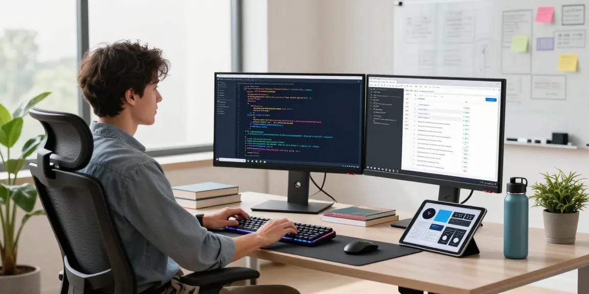 Developer coding at a modern workspace with dual monitors, showcasing the essence of 纸飞机中文版官网 and collaborative tech efforts.