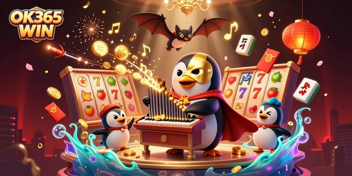 Experience OK365 WIN with a vibrant 3D casino scene featuring playful characters and dynamic game elements.