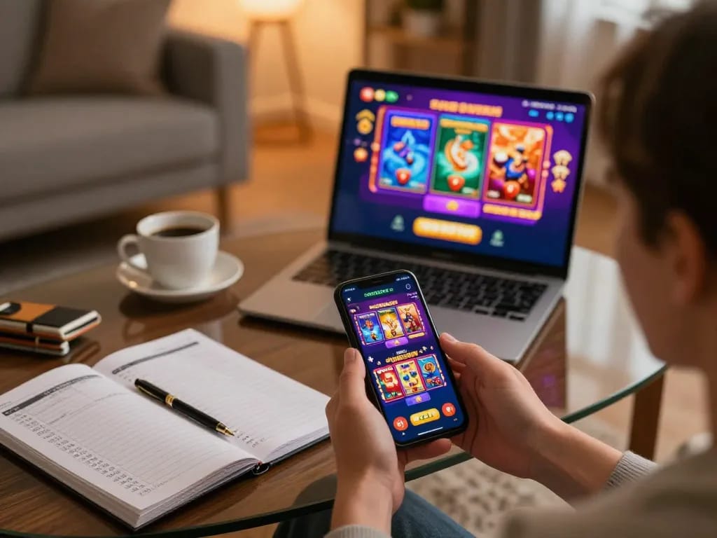 Engaging with the GOOD88 casino app on a smartphone in a cozy online gaming setup.