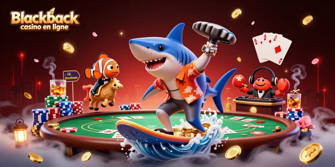 Jouez au blackjack casino en ligne dans un univers vibrant avec un requin caricatural et d'autres personnages animés.