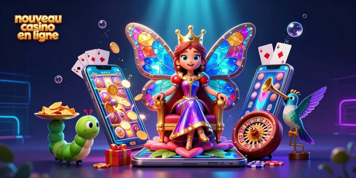 Nouveau casino en ligne offrant une expérience ludique avec des jeux de machine à sous et des croupiers en direct entourés de couleurs éclatantes.