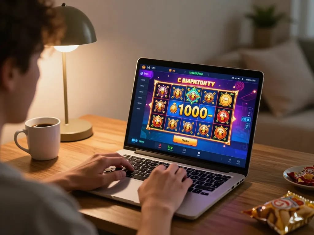 Player engaging in slot deposit 1000 games on laptop in a cozy home setting