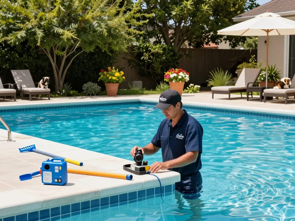 Dolphin Pool Services technician performing maintenance on a sparkling pool under the sun