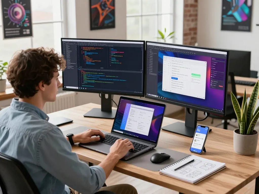 Developer using clawdbot ai in a modern workspace with dual monitors displaying code and app design