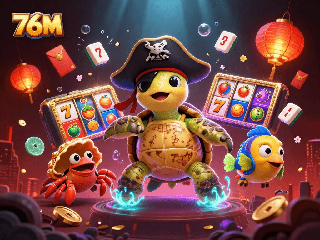 Ilustração de um cassino com a tartaruga pirata 76M em foco, cercada por elementos de slot e tesouro.