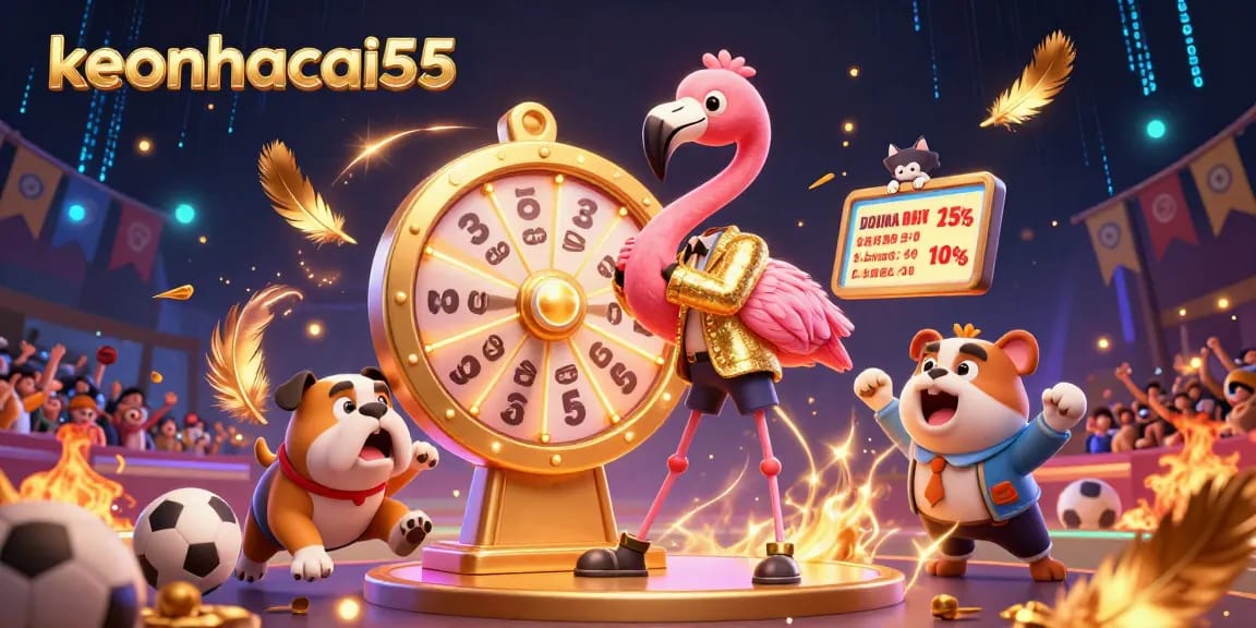 Engage with keonhacai55 as a flamingo hosts a lively betting game with vibrant sports elements.