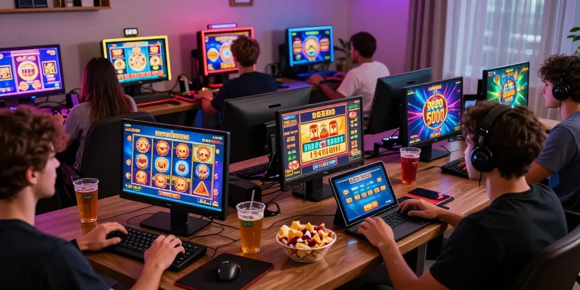 Players engaging in exciting slot depo 5000 games at home, showcasing vibrant screens and community interaction.