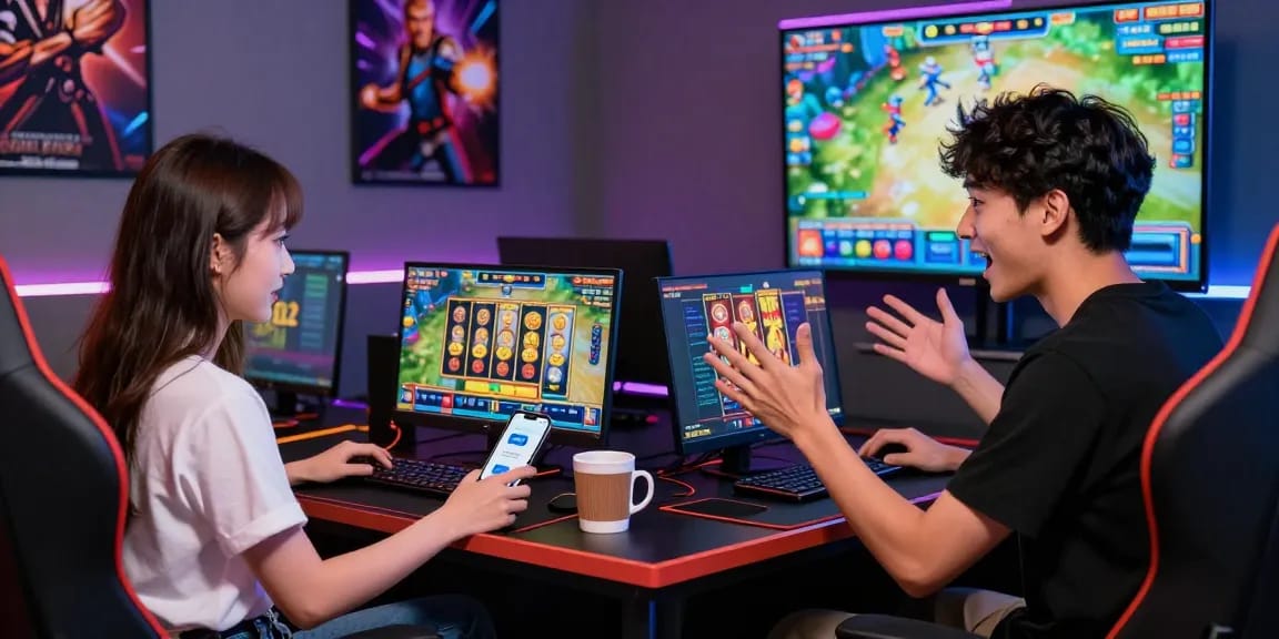Exciting gaming scene showcasing slot deposit dana with players at a modern setup
