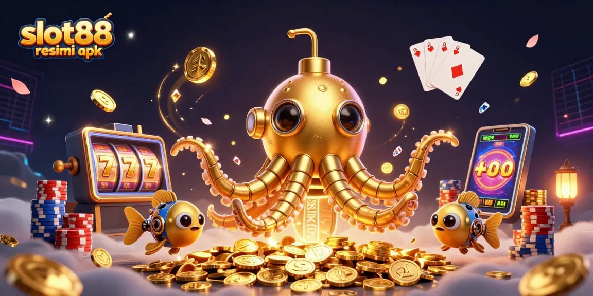 Win big with slot88 resmi apk, featuring a dynamic scene of a golden kraken and casino elements.