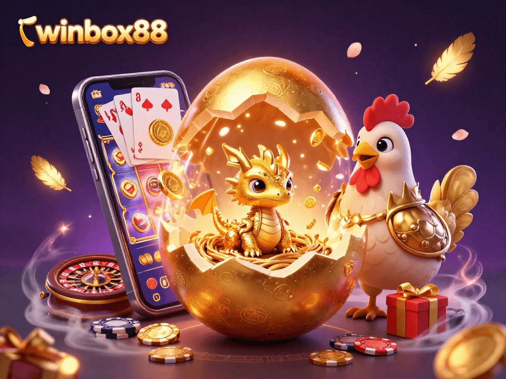 Winbox88 promotes excitement with a golden dragon emerging from a nest of poker chips in a vibrant casino scene.