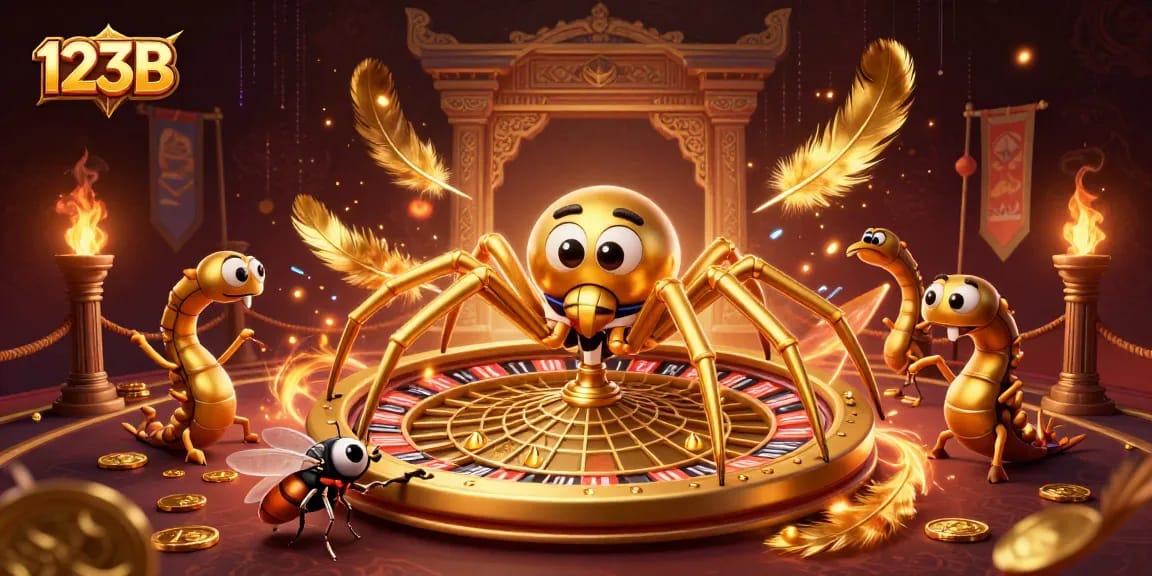 Experience the thrill of betting at 123B with a golden spider and centipede dealer in a richly detailed casino scene.