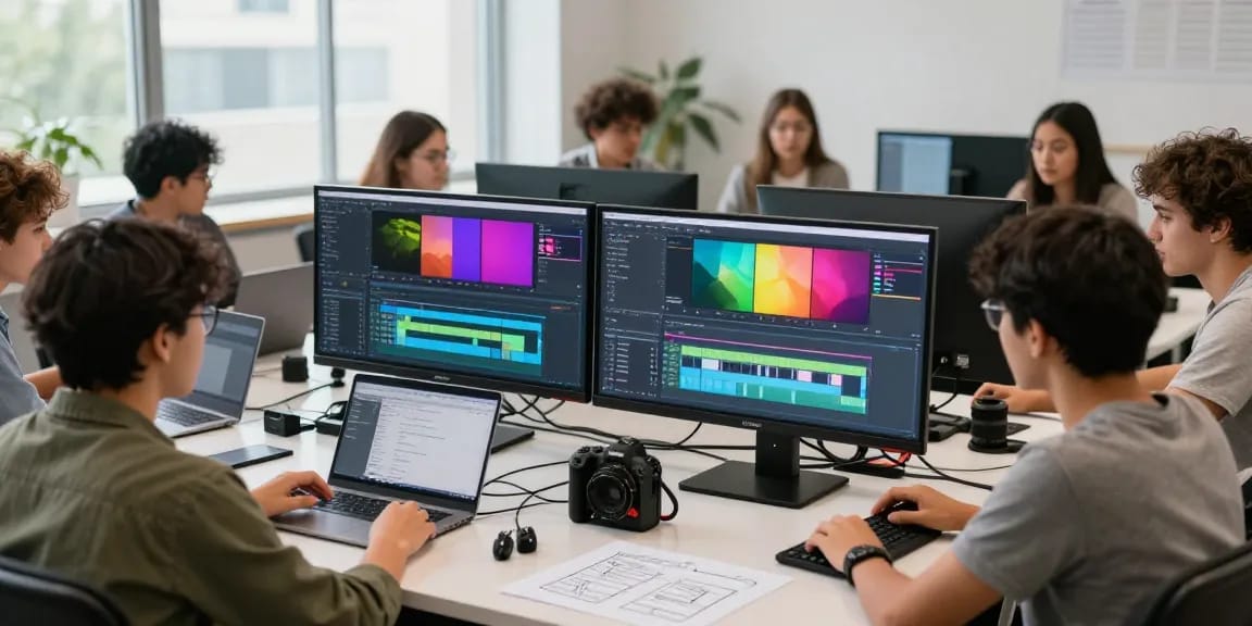 Hands-on workshop for the best video editing course for beginners with students using Adobe Premiere Pro.
