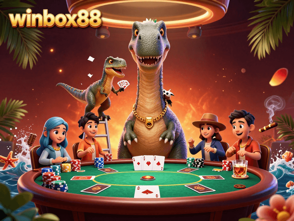 Experience thrilling poker action with winbox88 in this vibrant casino illustration.