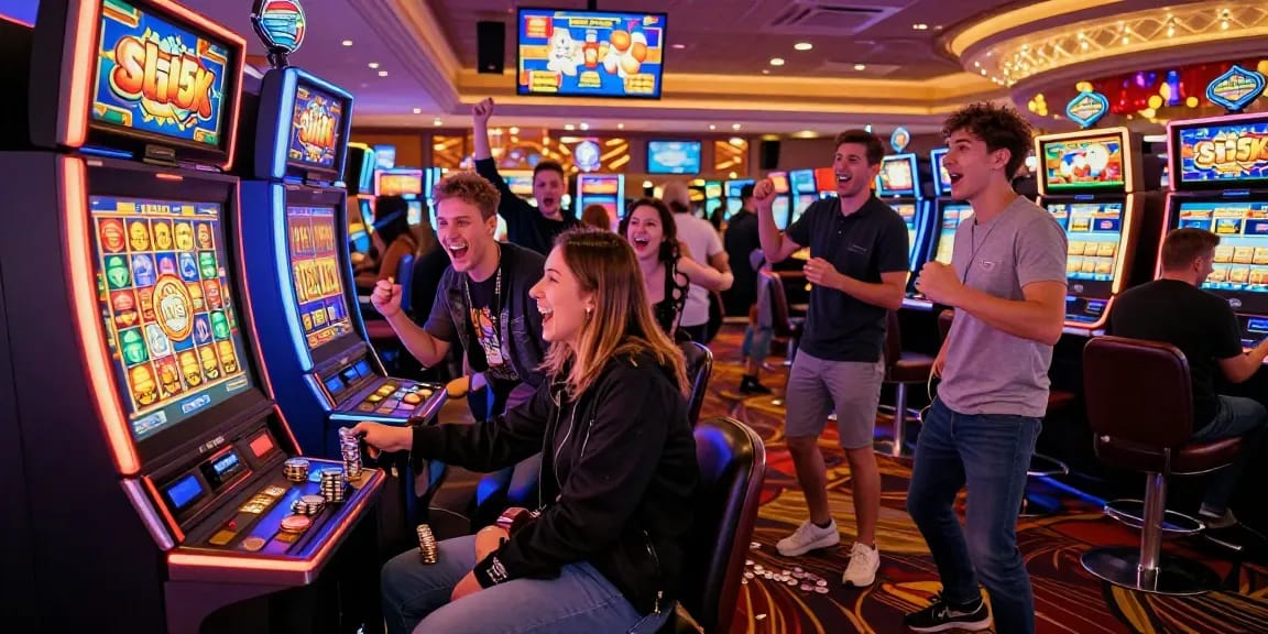 Exciting gambling scene featuring 'Slot 5K' machine with friends enjoying their casino experience.