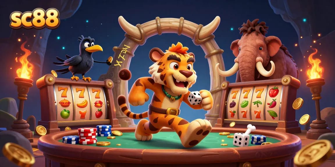 Engage with sc88's vibrant prehistoric casino featuring a caveman and sabertooth tiger.