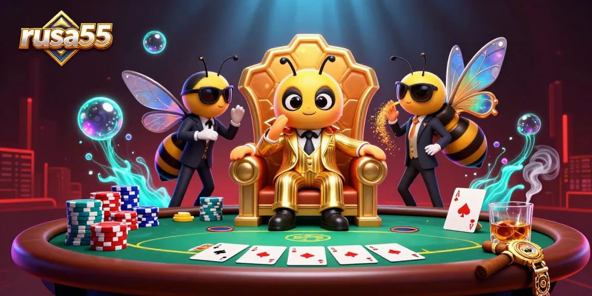 Experience exciting moments with rusa55 at a vibrant poker scene featuring a bumblebee mob boss.