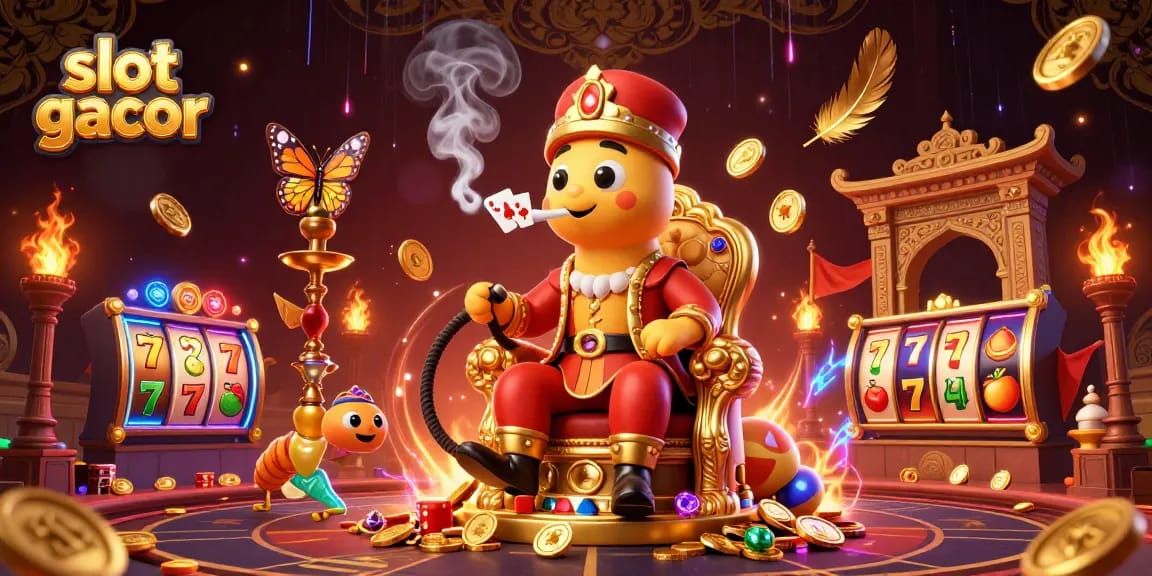 Engage with slot gacor in a vibrant casino scene featuring vivid slot reels and characters.