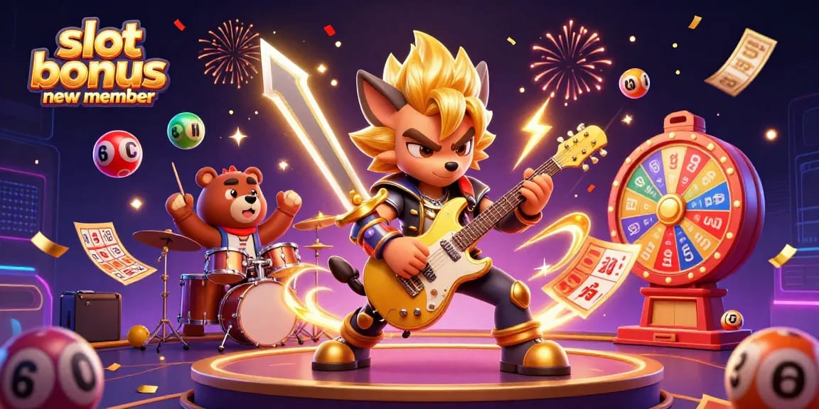 Memperlihatkan slot bonus new member dengan simbol keberuntungan terbang dan karakter unik di panggung kasino.
