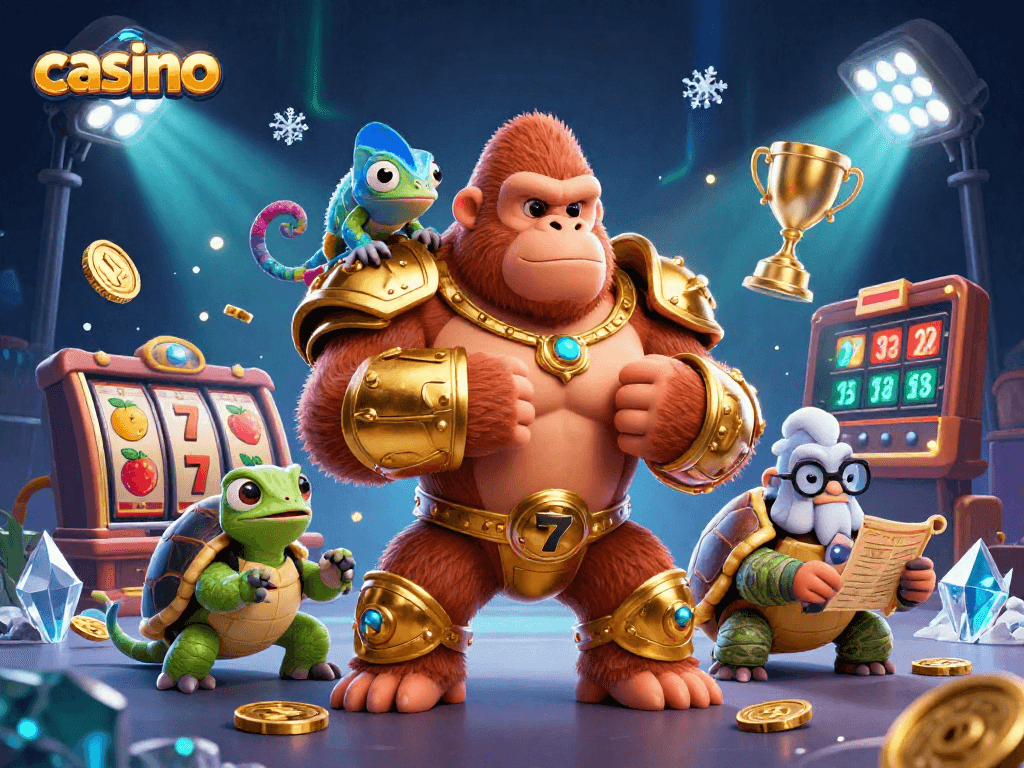 Exciting casino scene featuring a gorilla king, chameleon, and tortoise elder amidst colorful slot and gaming elements.