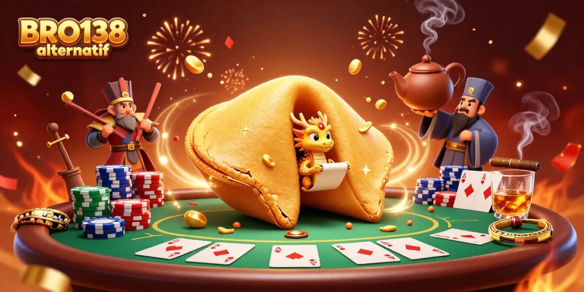 Experience BRO138 alternatif with a vibrant gaming scene featuring a fortune cookie, dynamic poker elements and rich textures.