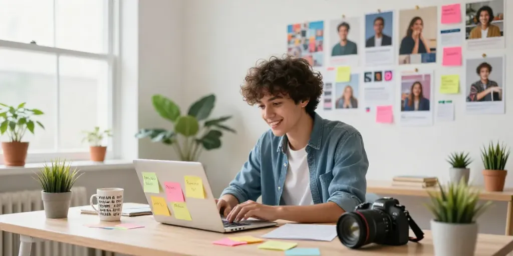 Generate Instagram captions with AI in a vibrant home office during the creative process.