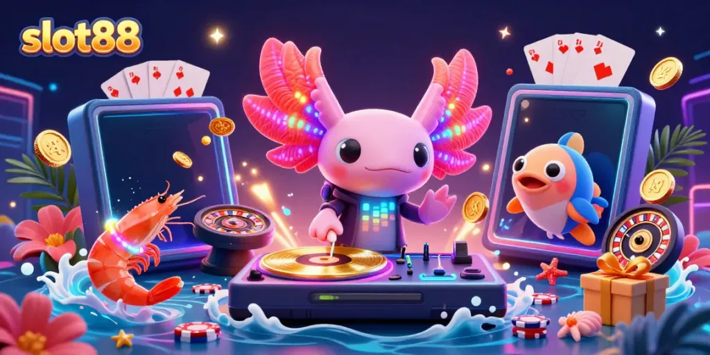 Engage with slot88, experiencing a vibrant 3D scene featuring a colorful axolotl DJ at an underwater casino.