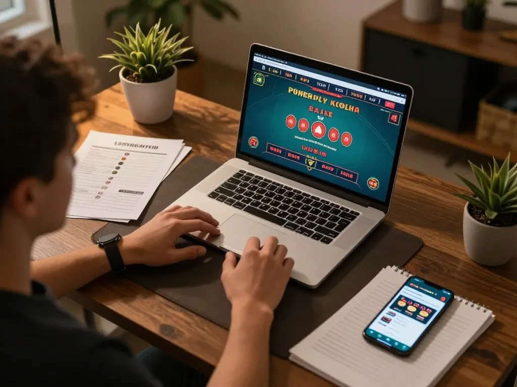 Paito macau gameplay on a laptop with notes for strategic online gambling.