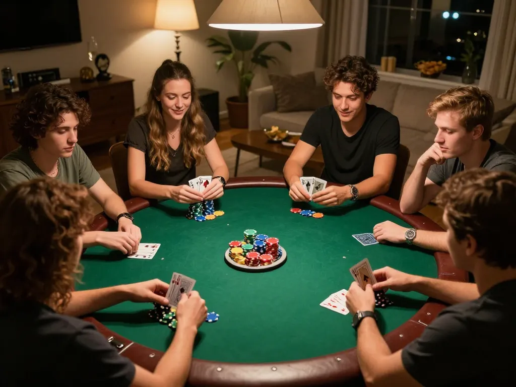 O8 players strategizing during a friendly poker night with chips and cards in hand