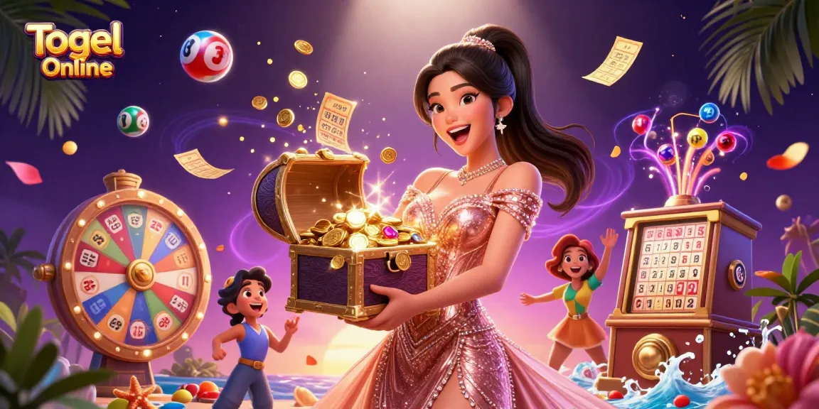 Experience Togel Online excitement with our vibrant lottery scene featuring a dazzling treasure chest.
