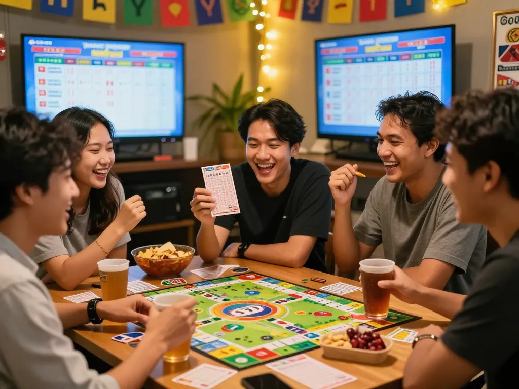 Togel Hongkong game night celebration with friends sharing winning tickets and snacks.