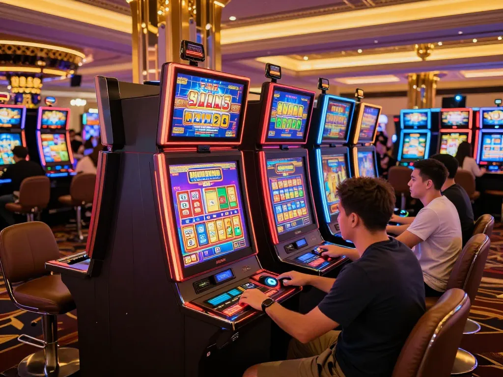 Players engaged at colorful slot machines for slot deposit 2k, vibrant casino atmosphere.