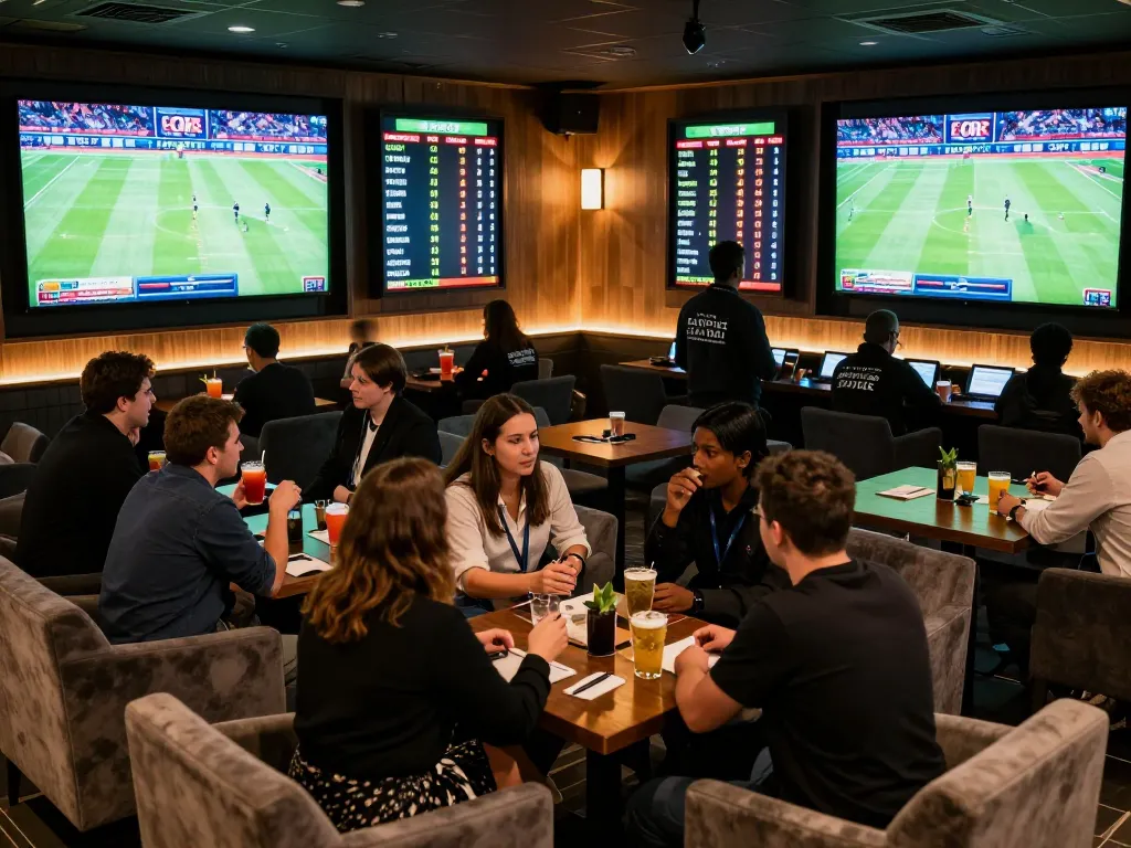 Patrons engaging in sports betting activities at xo88's modern lounge filled with excitement and energy.