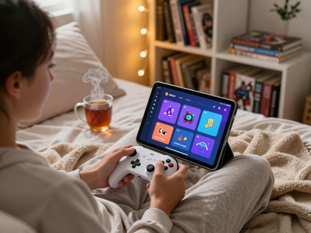 Engaging scene of a person playing a porngame on a tablet in a cozy bedroom.