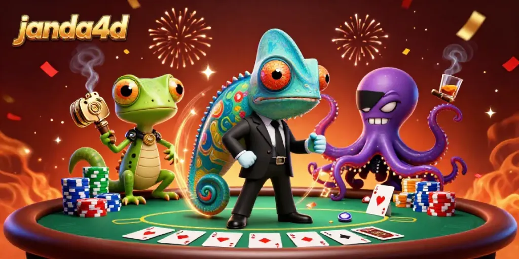 Gambarkan pengalaman bermain janda4d dengan karakter kartun berwarna-warni dan elemen poker yang dinamis.