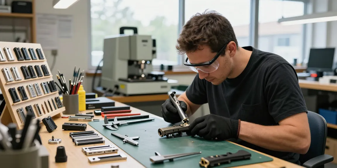 Precision Glock slides assembly at https://precisionglockslides.com workshop with skilled technician.